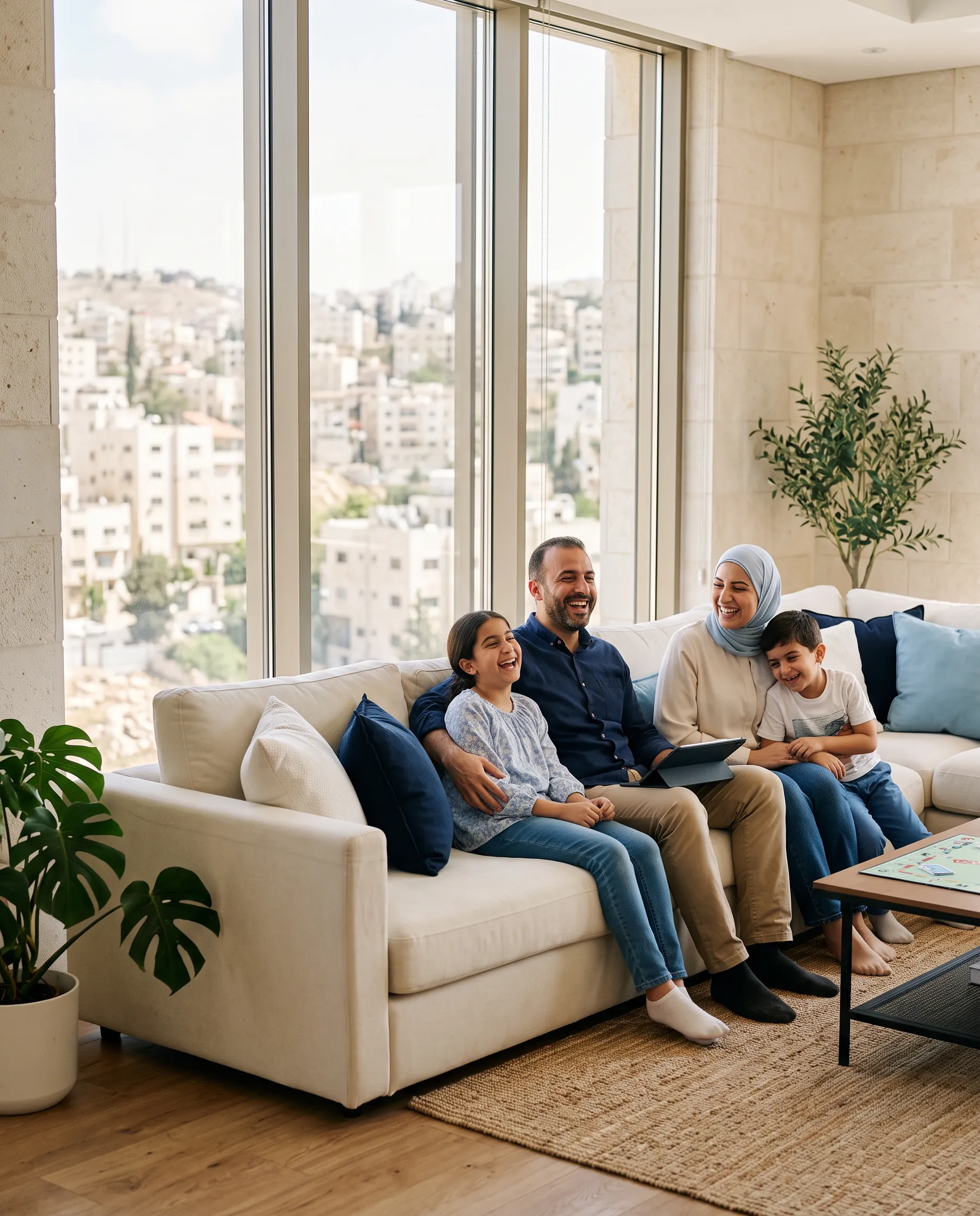 A family relaxing together at home in Amman
