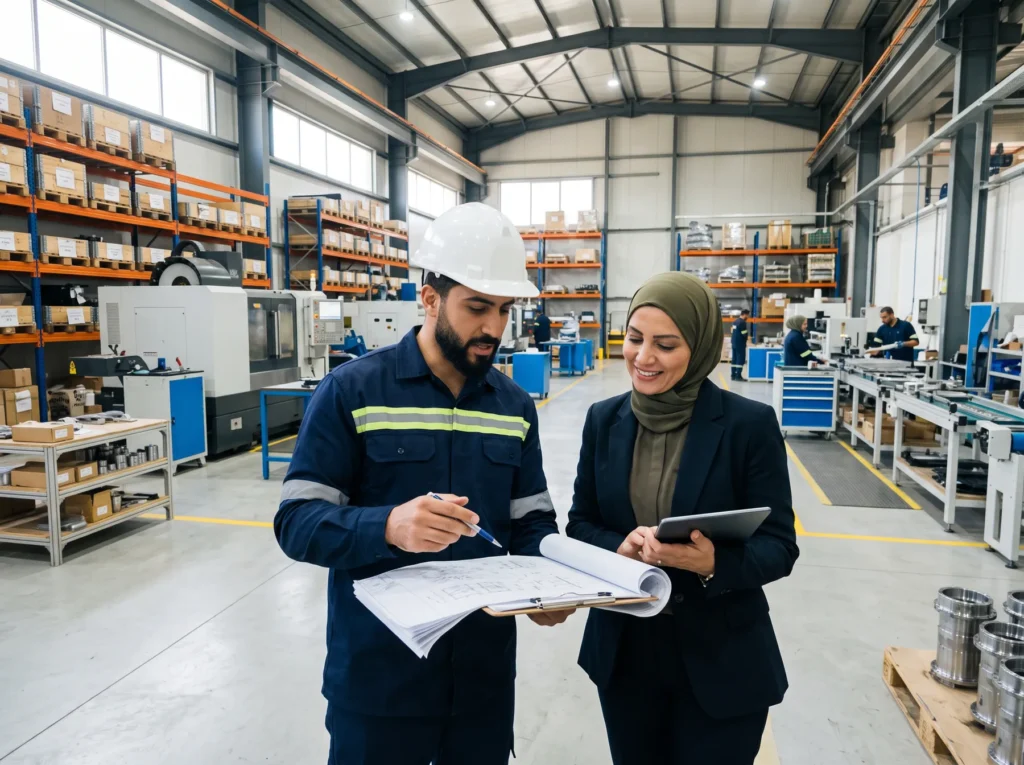An engineer and a business owner reviewing plans in a factory