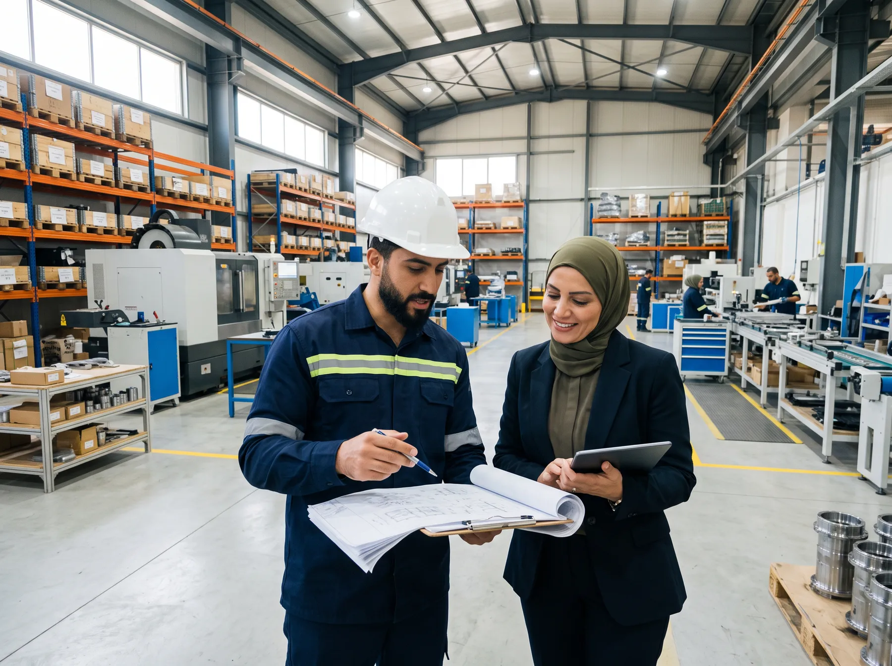 An engineer and a business owner reviewing plans in a factory