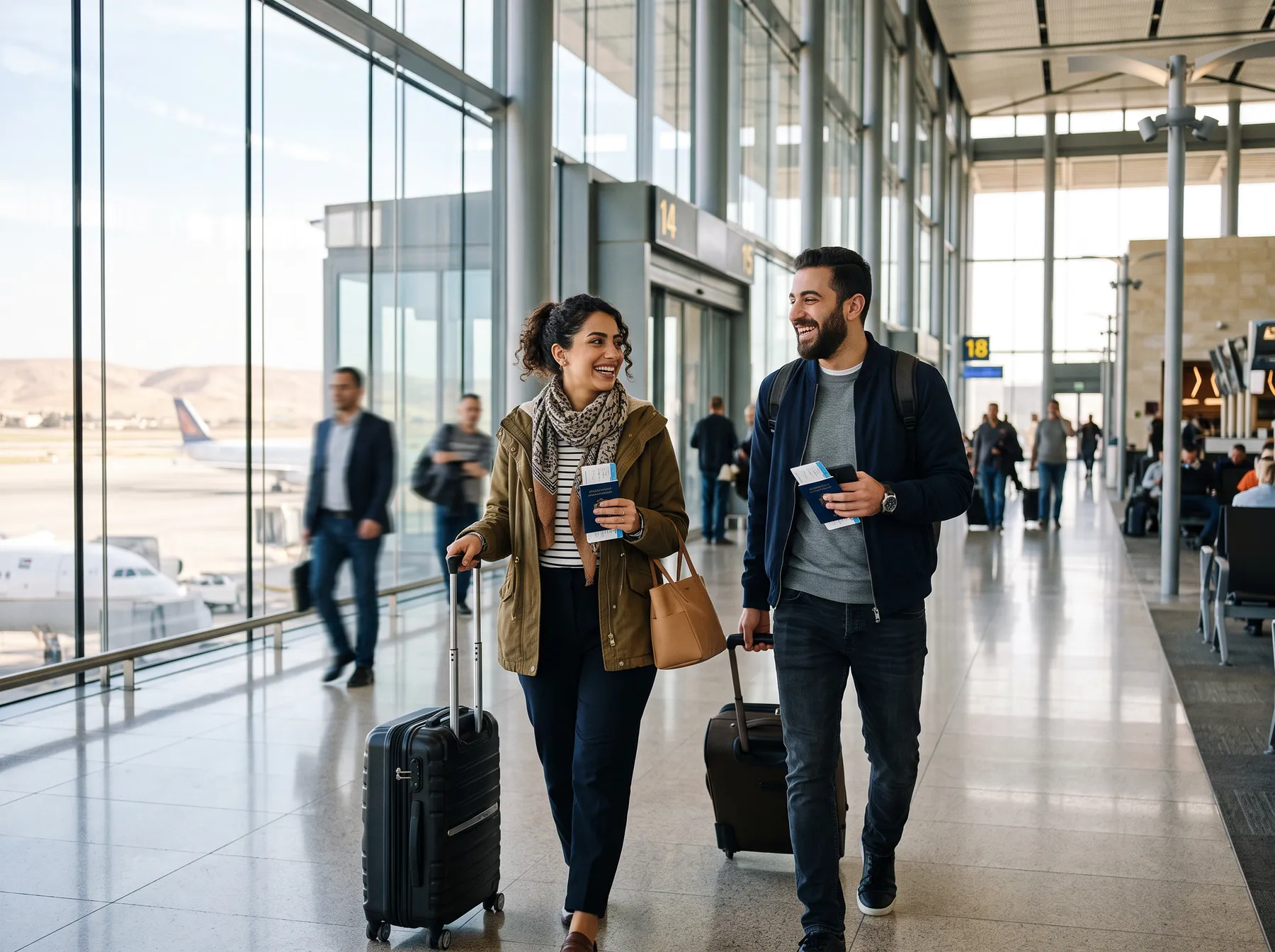 A couple with luggage at the airport